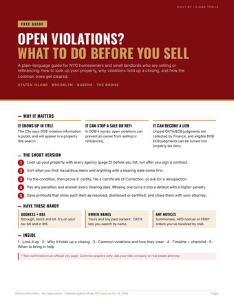 Cover of the free guide Open Violations? What to Do Before You Sell (NYC)